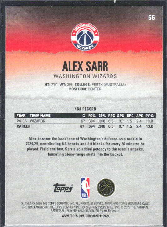 2025-26 Topps Signature Class #66 Alex Sarr – baksida