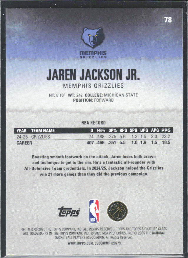 2025-26 Topps Signature Class #78 Jaren Jackson Jr. – baksida