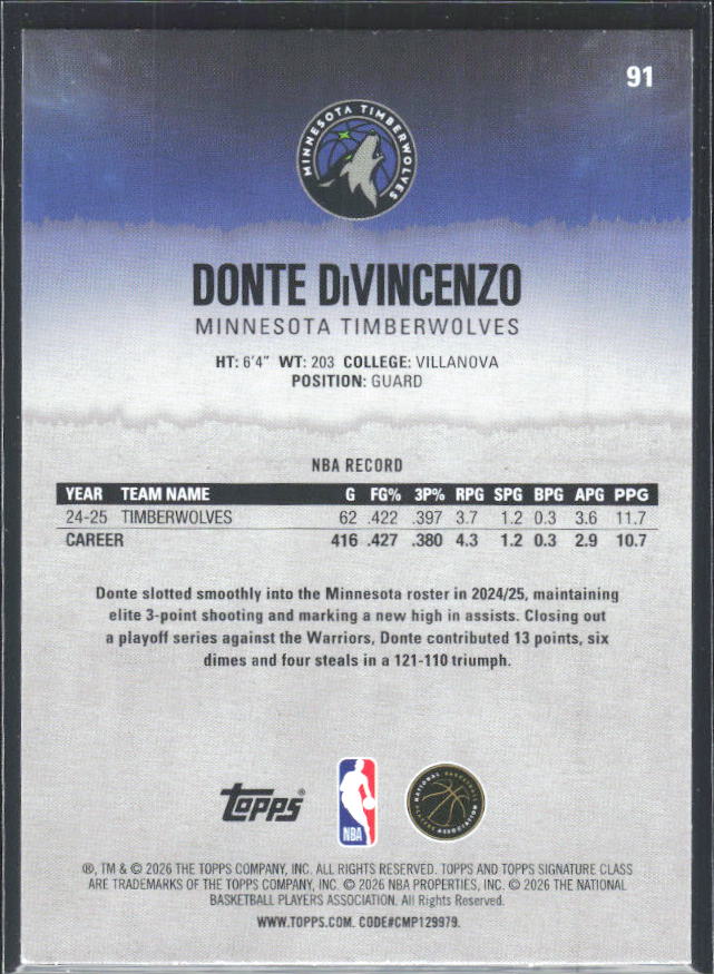 2025-26 Topps Signature Class #91 Donte DiVincenzo – baksida