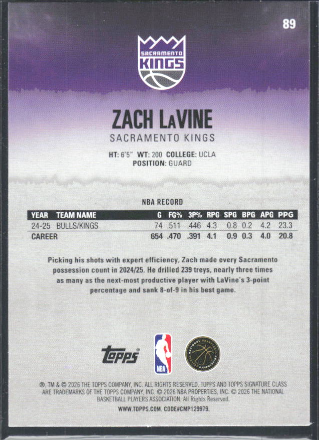2025-26 Topps Signature Class #89 Zach LaVine – baksida