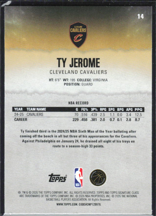 2025-26 Topps Signature Class #14 Ty Jerome – baksida