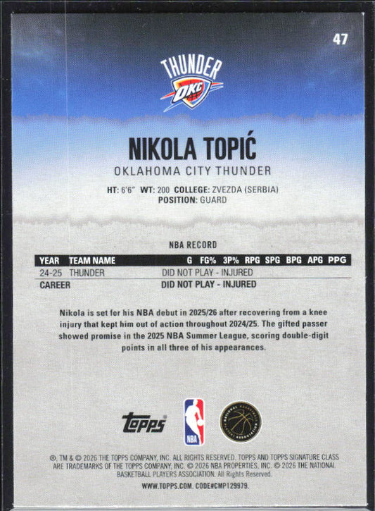 2025-26 Topps Signature Class #47 Nikola Topic – baksida