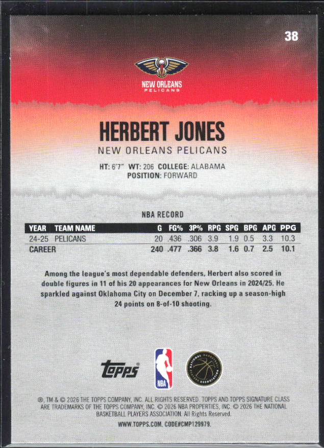 2025-26 Topps Signature Class #38 Herbert Jones – baksida
