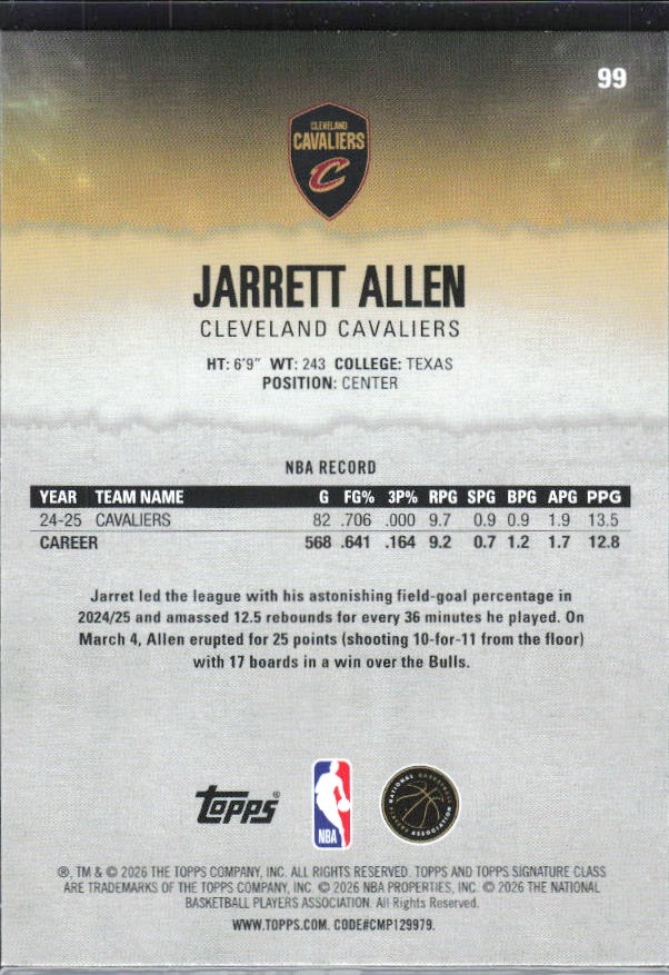 2025-26 Topps Signature Class #99 Jarrett Allen – baksida