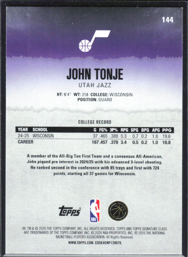2025-26 Topps Signature Class #144 John Tonje Rookie – baksida