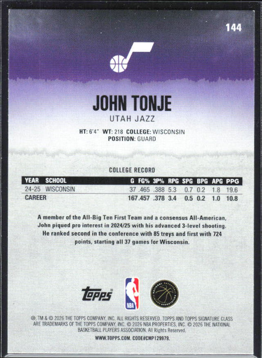2025-26 Topps Signature Class #144 John Tonje Rookie – baksida