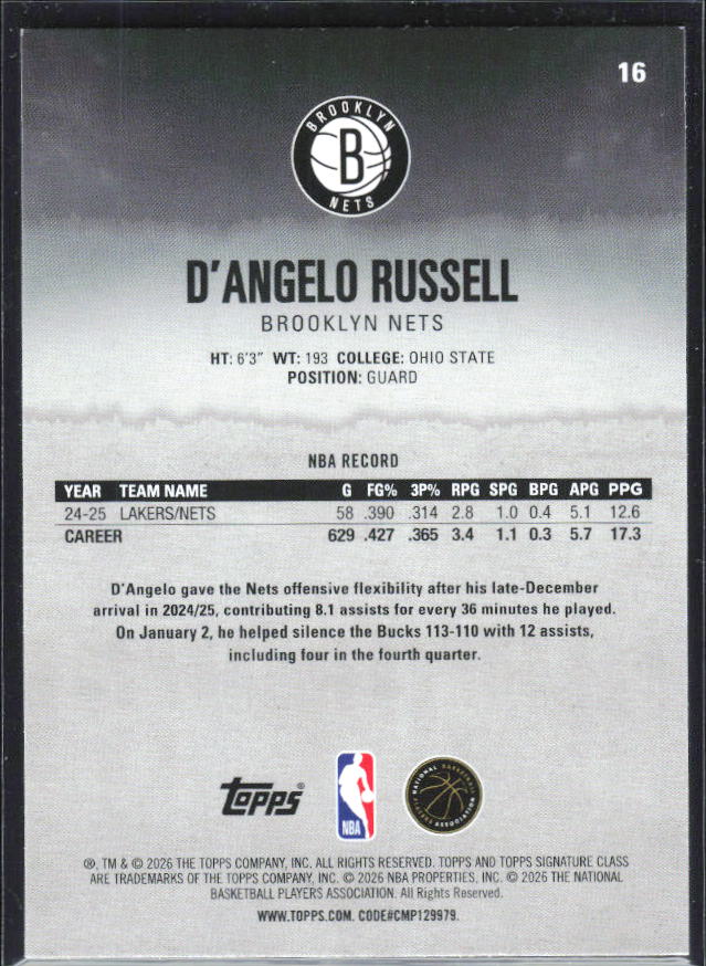 2025-26 Topps Signature Class #16 D'Angelo Russell – baksida