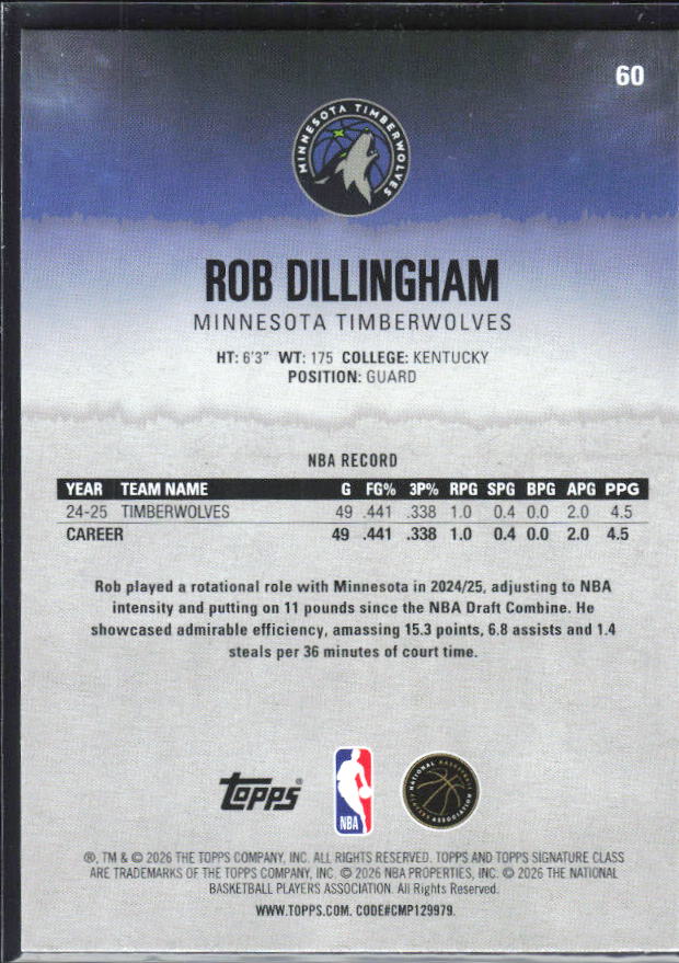 2025-26 Topps Signature Class #60 Rob Dillingham – baksida