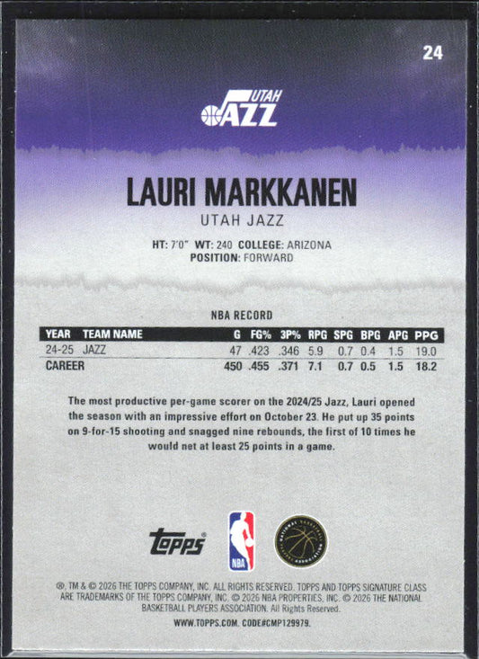 2025-26 Topps Signature Class #24 Lauri Markkanen – baksida