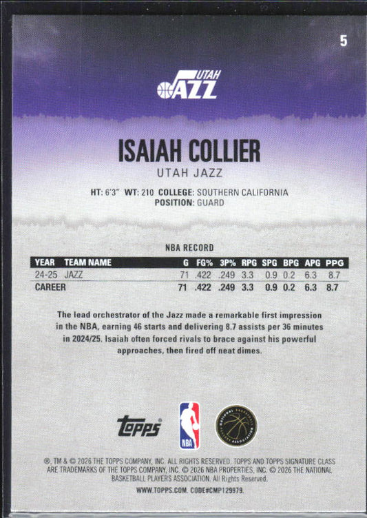 2025-26 Topps Signature Class #5 Isaiah Collier – baksida