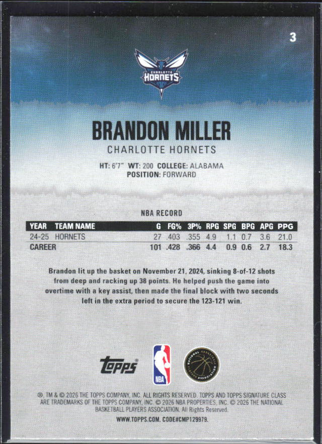 2025-26 Topps Signature Class #3 Brandon Miller – baksida