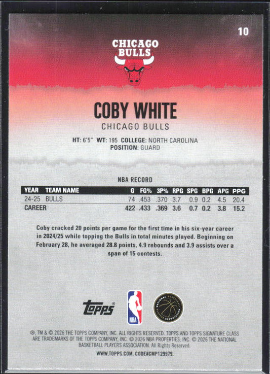2025-26 Topps Signature Class #10 Coby White – baksida