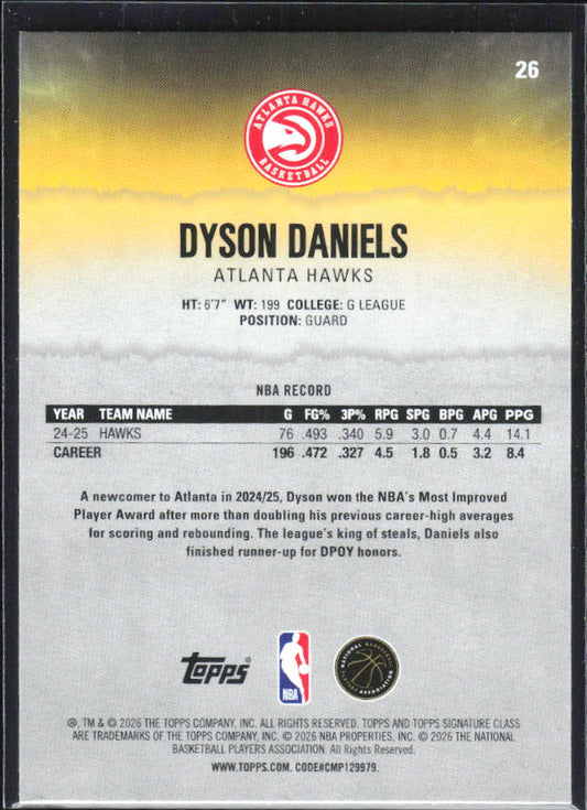 2025-26 Topps Signature Class #26 Dyson Daniels – baksida