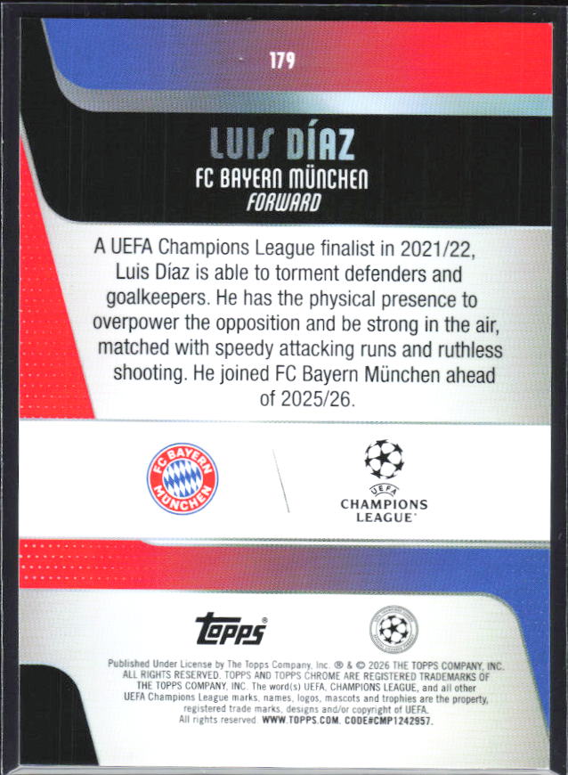 2025-26 Topps Chrome UEFA Club Competitions #179 Luis Díaz – baksida