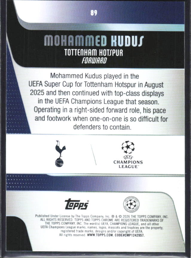 2025-26 Topps Chrome UEFA Club Competitions #89 Mohammed Kudus – baksida