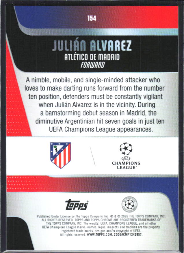 2025-26 Topps Chrome UEFA Club Competitions #154 Julián Alvarez – baksida