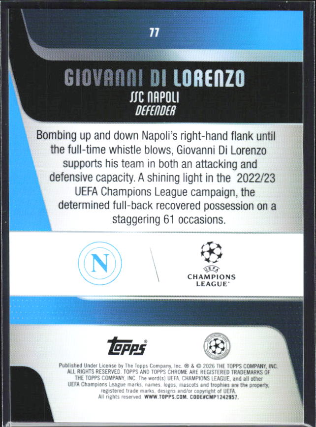 2025-26 Topps Chrome UEFA Club Competitions #77 Giovanni Di Lorenzo – baksida
