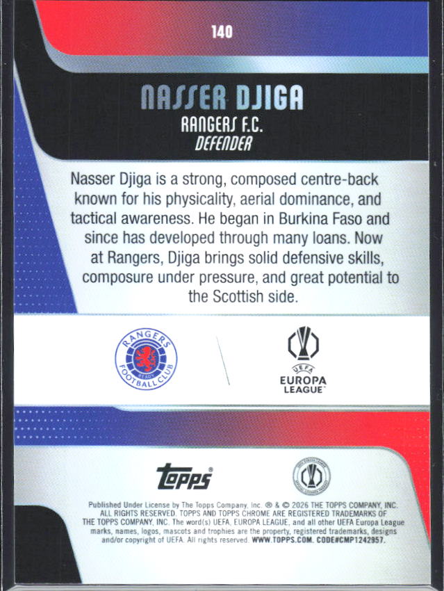 2025-26 Topps Chrome UEFA Club Competitions #140 Nasser Djiga – baksida