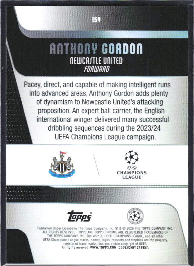 2025-26 Topps Chrome UEFA Club Competitions #159 Anthony Gordon – baksida