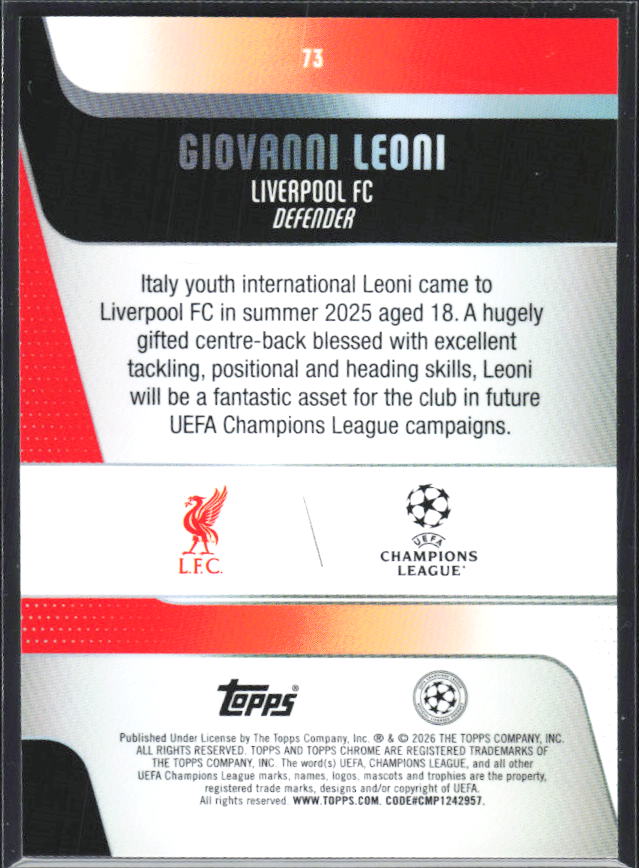 2025-26 Topps Chrome UEFA Club Competitions #73 Giovanni Leoni – baksida