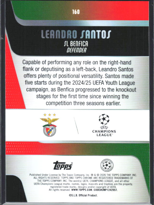 2025-26 Topps Chrome UEFA Club Competitions #160 Leandro Santos – baksida