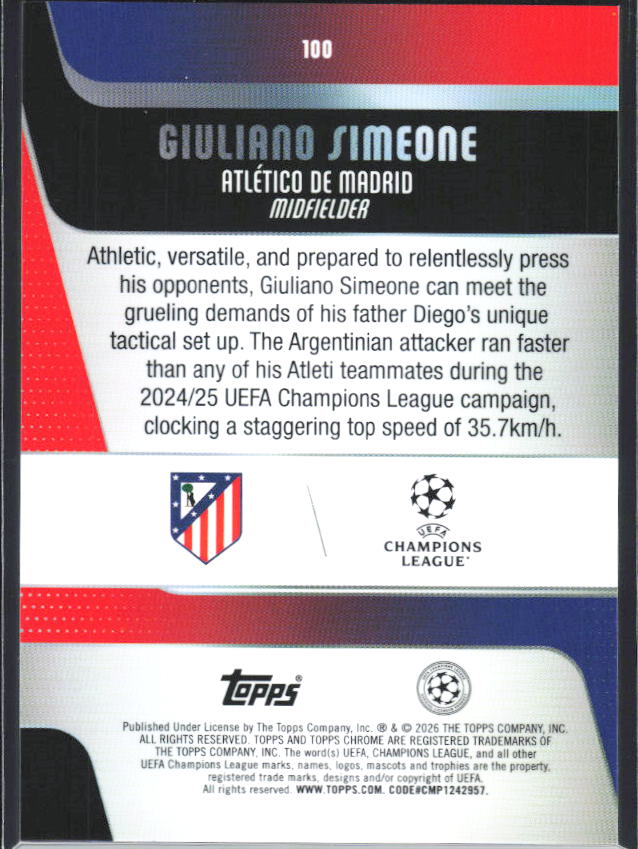 2025-26 Topps Chrome UEFA Club Competitions #100 Giuliano Simeone – baksida