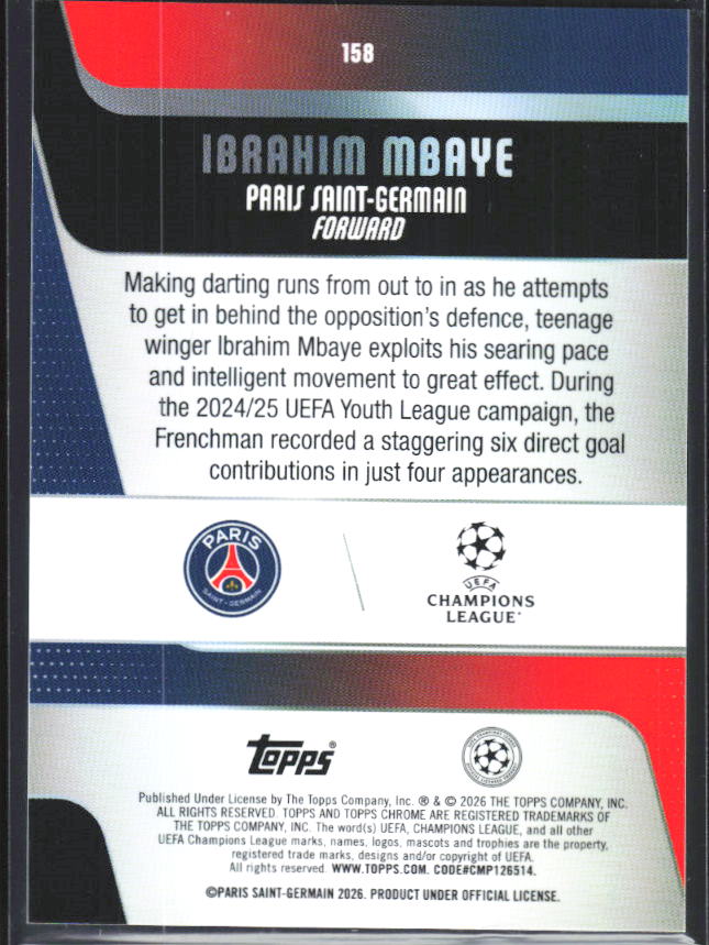 2025-26 Topps Chrome UEFA Club Competitions #158 Ibrahim Mbaye – baksida