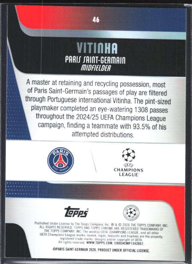 2025-26 Topps Chrome UEFA Club Competitions #46 Vitinha – baksida