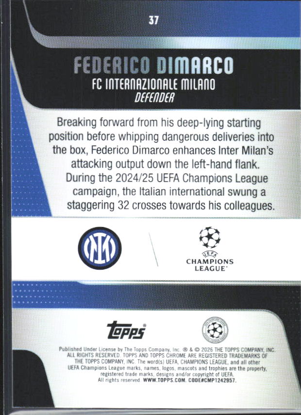 2025-26 Topps Chrome UEFA Club Competitions #37 Federico Dimarco – baksida