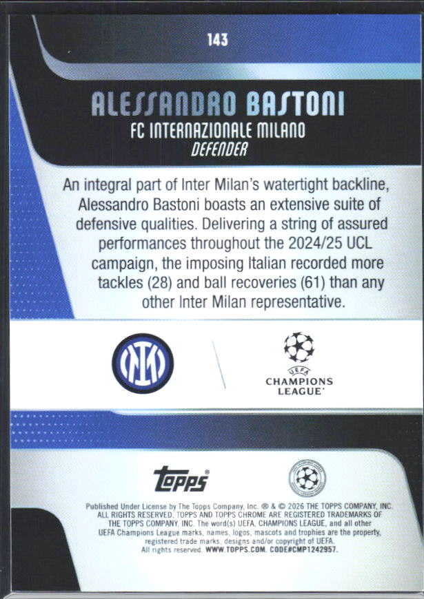 2025-26 Topps Chrome UEFA Club Competitions #143 Alessandro Bastoni – baksida
