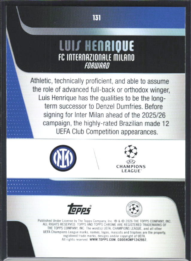 2025-26 Topps Chrome UEFA Club Competitions #131 Luis Henrique – baksida