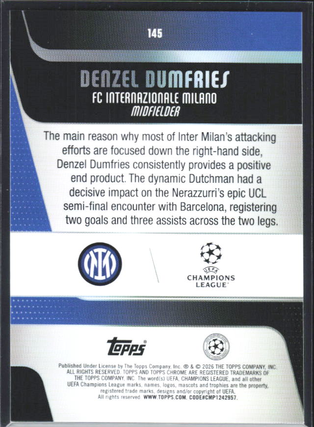 2025-26 Topps Chrome UEFA Club Competitions #145 Denzel Dumfries – baksida