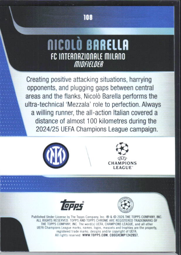 2025-26 Topps Chrome UEFA Club Competitions #108 Nicolò Barella – baksida