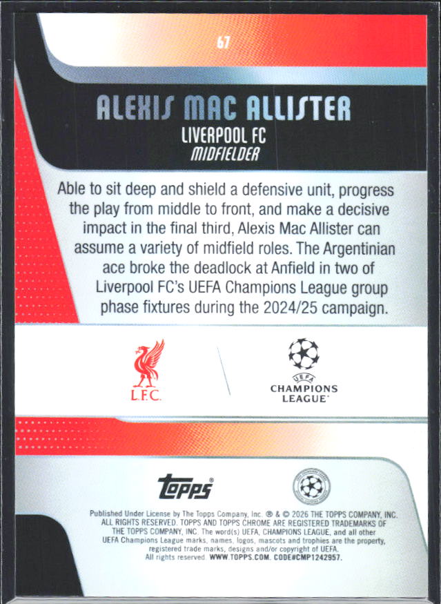 2025-26 Topps Chrome UEFA Club Competitions #67 Alexis Mac Allister – baksida