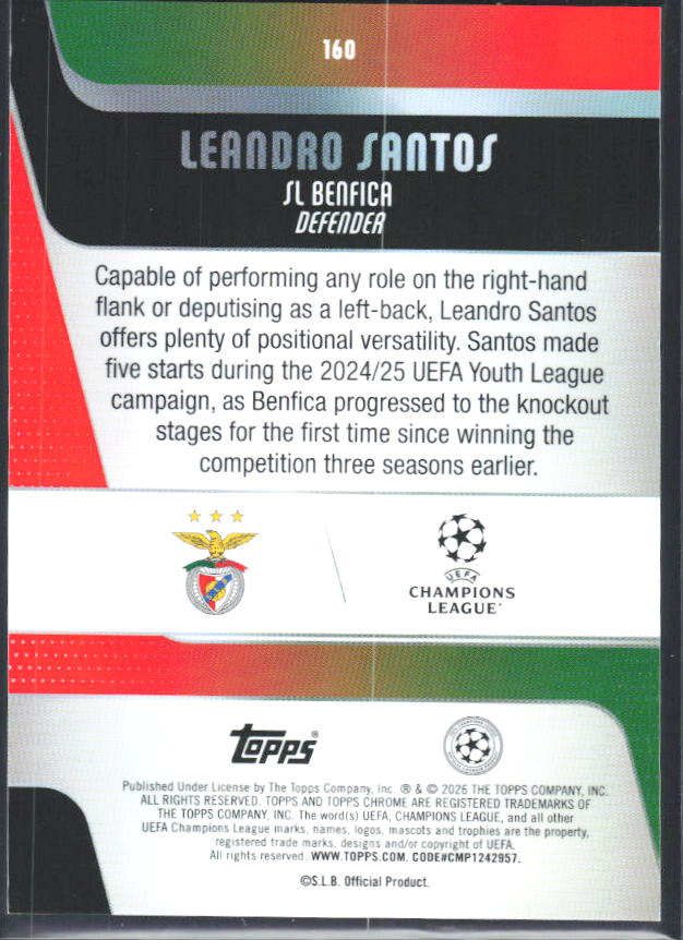 2025-26 Topps Chrome UEFA Club Competitions #160 Leandro Santos – baksida