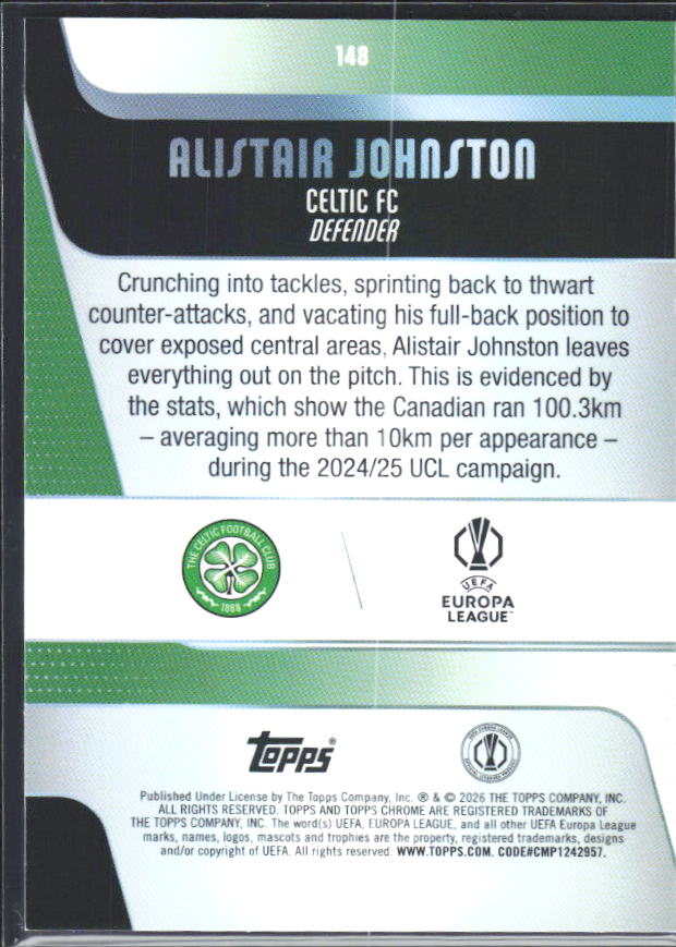 2025-26 Topps Chrome UEFA Club Competitions #148 Alistair Johnston – baksida