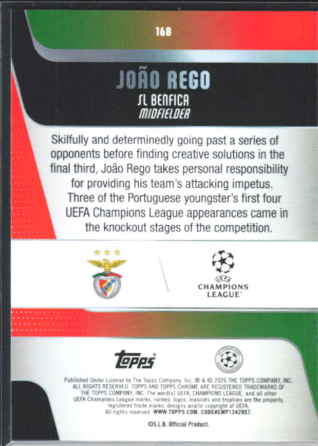 2025-26 Topps Chrome UEFA Club Competitions #168 João Rego – baksida