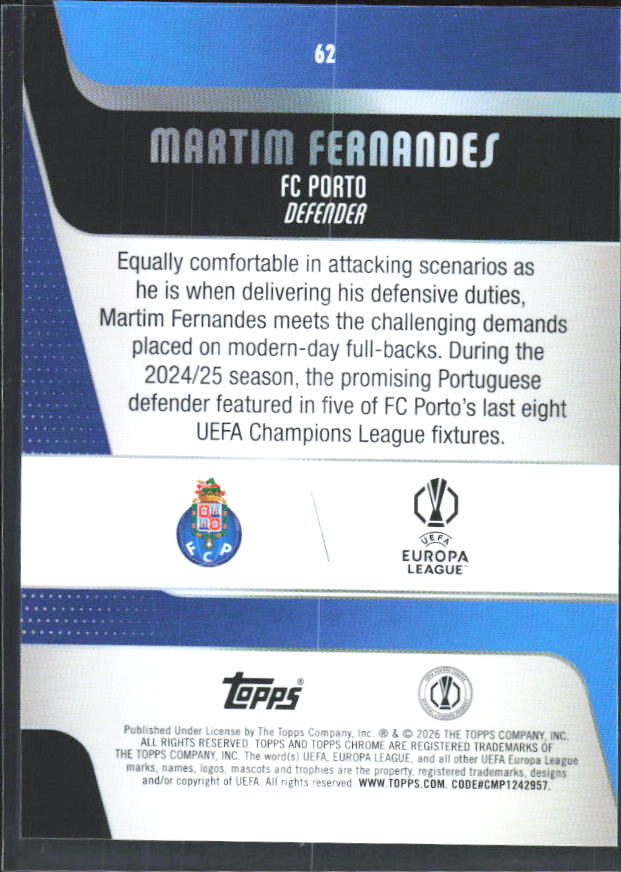 2025-26 Topps Chrome UEFA Club Competitions #62 Martim Fernandes – baksida