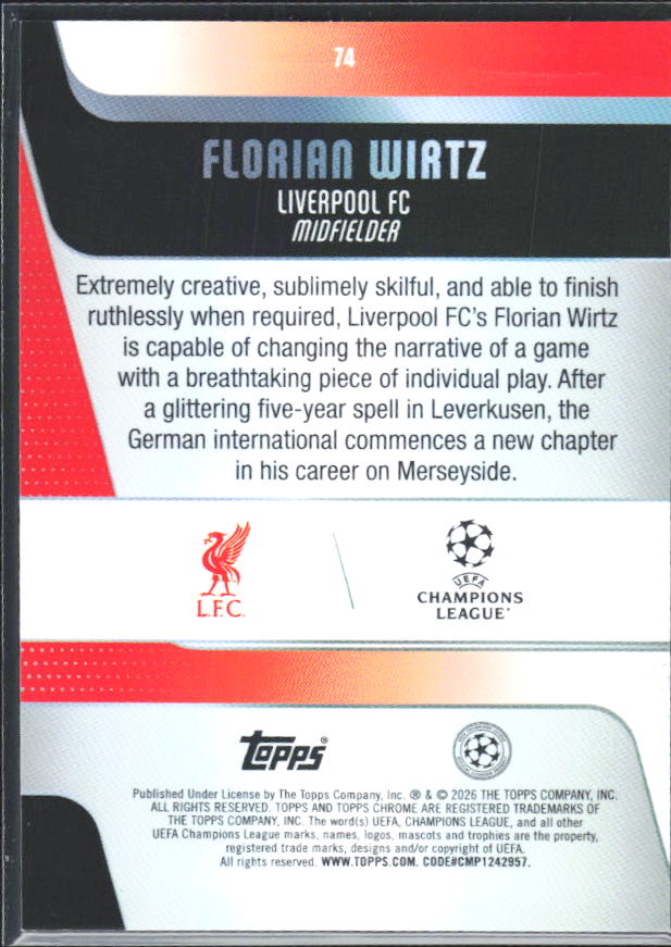 2025-26 Topps Chrome UEFA Club Competitions #74 Florian Wirtz – baksida