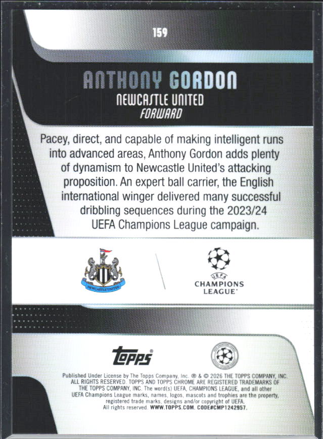 2025-26 Topps Chrome UEFA Club Competitions #159 Anthony Gordon – baksida