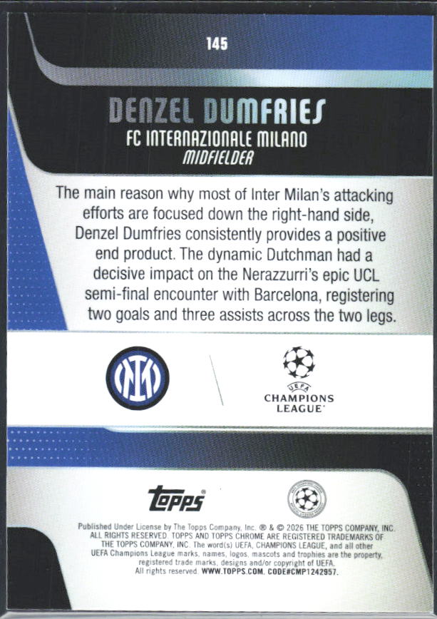 2025-26 Topps Chrome UEFA Club Competitions #145 Denzel Dumfries – baksida