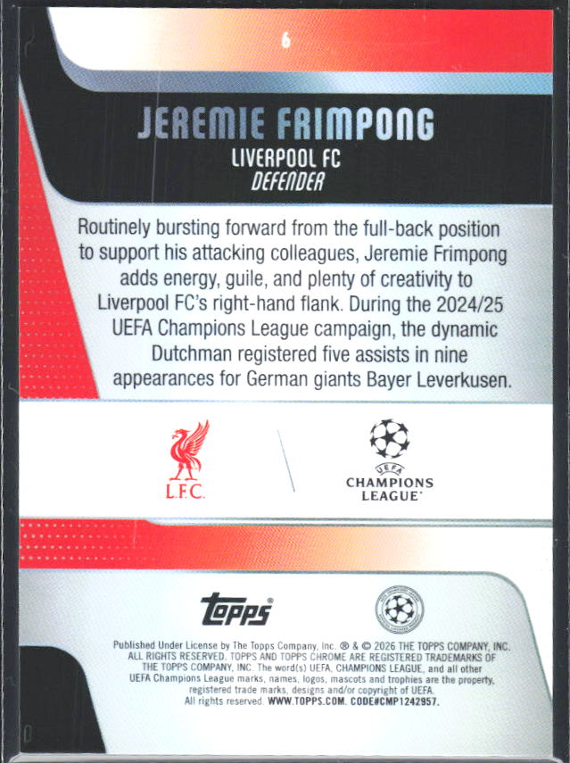 2025-26 Topps Chrome UEFA Club Competitions #6 Jeremie Frimpong – baksida