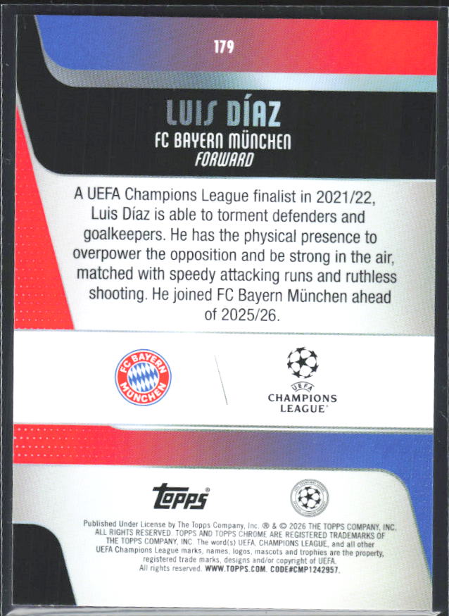 2025-26 Topps Chrome UEFA Club Competitions #179 Luis Díaz – baksida