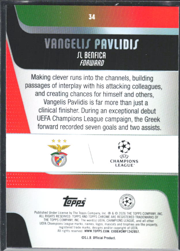 2025-26 Topps Chrome UEFA Club Competitions #34 Vangelis Pavlidis – baksida
