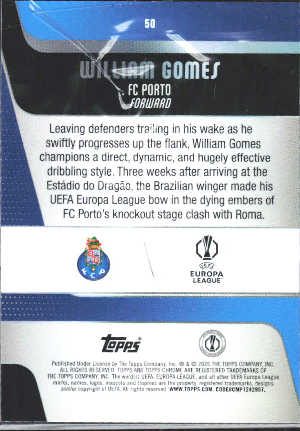 2025-26 Topps Chrome UEFA Club Competitions #50 William Gomes – baksida
