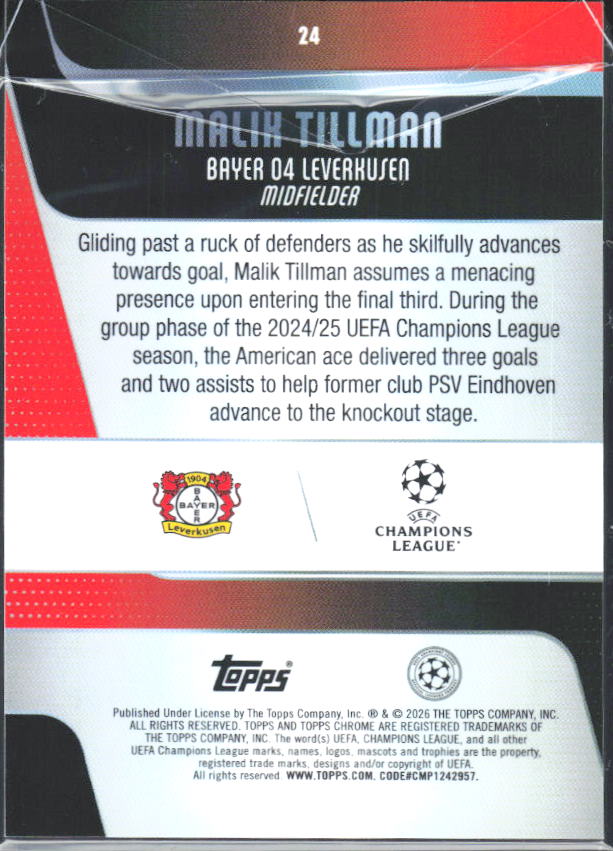 2025-26 Topps Chrome UEFA Club Competitions #24 Malik Tillman – baksida