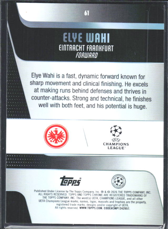 2025-26 Topps Chrome UEFA Club Competitions #61 Elye Wahi – baksida