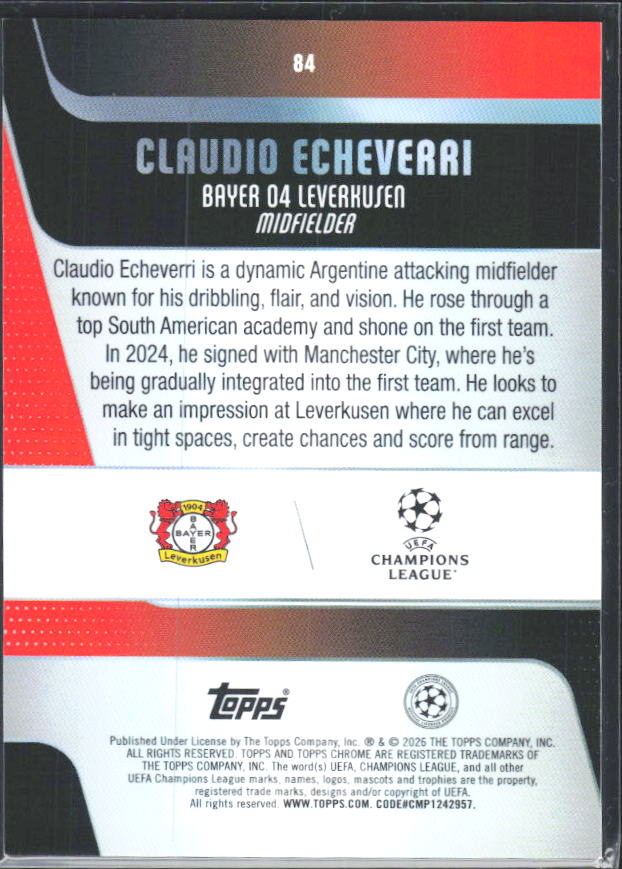 2025-26 Topps Chrome UEFA Club Competitions #84 Claudio Echeverri – baksida