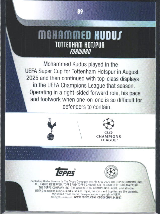 2025-26 Topps Chrome UEFA Club Competitions #89 Mohammed Kudus – baksida