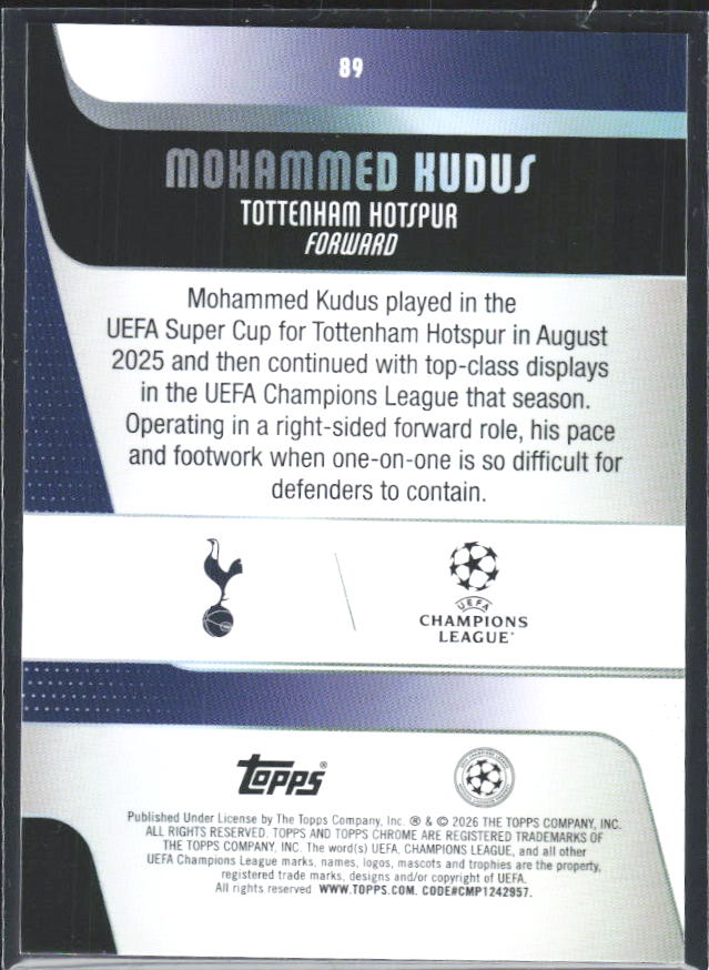 2025-26 Topps Chrome UEFA Club Competitions #89 Mohammed Kudus – baksida
